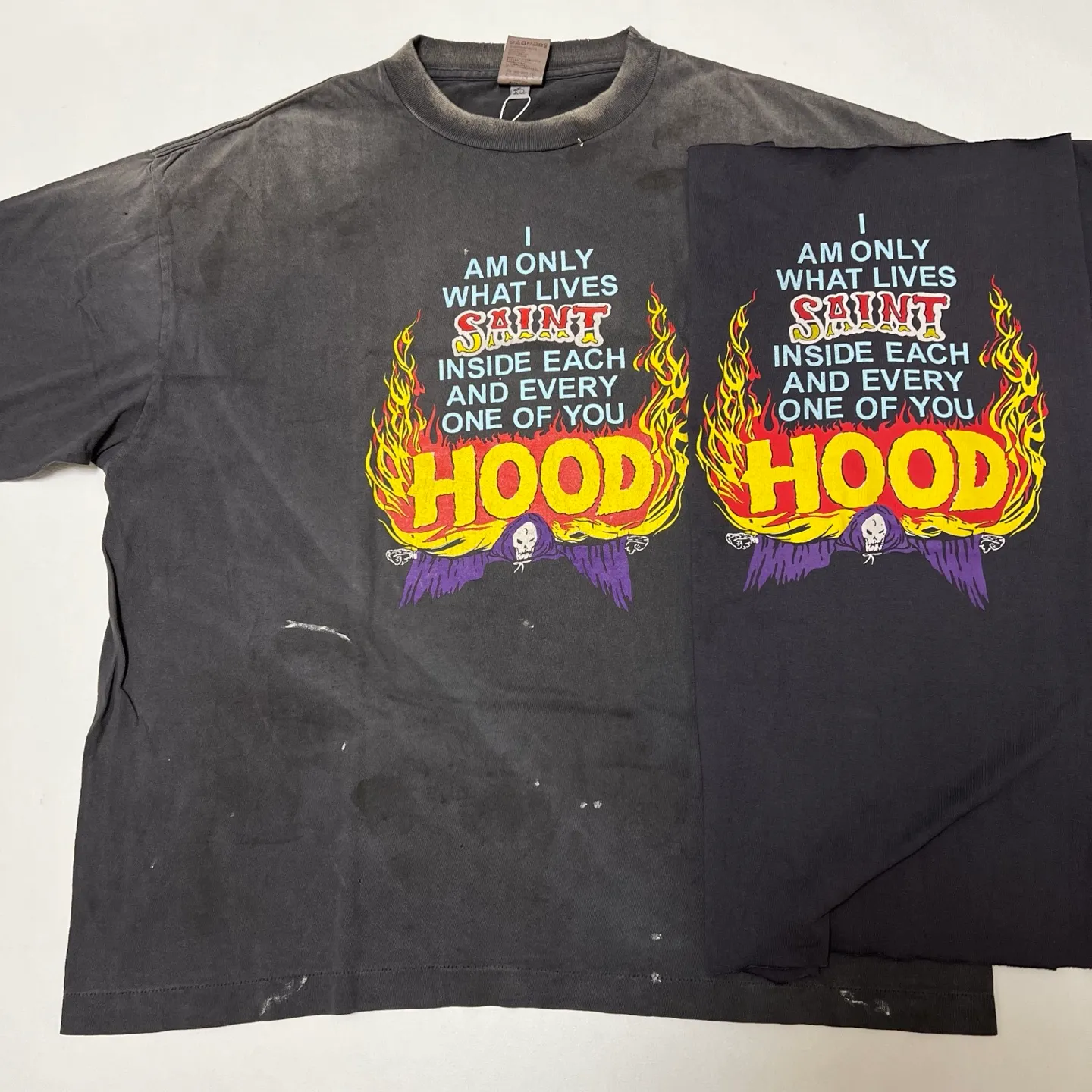 Printed pattern SAINT Mxxxxxx × NEIGHBORHOOD STHD . SS TEE HOOD/BLK NBHD Takizawa Shinsuke joint model Flame Wings HOOD distressed short sleeves washed black S-XL